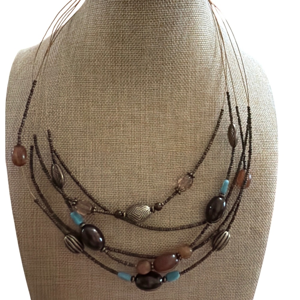 Multi Strand Beaded Layered Necklace Brown Turquoise Bronze Tone Boho